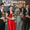 Marek Hamšík, Eva Kolenová, Martin Škrtel a Juraj Kucka s trofejami po skončení galavečera vyhlásenia výsledkov ankety Futbalista roka 2011. Trnava, 27. február 2012.