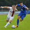 Zľava: obranca Peter Čögley (Trenčín) a stredopoliar Nemanja Radoja (Vojvodina) v zápase 2. predkola futbalovej Európskej ligy 2014/2015 AS Trenčín - Vojvodina Novi Sad  (4:0). Dubnica nad Váhom, 17. júla 2014.