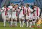 Radosť hráčov AS Trenčín po góle v zápase 24. kola Fortuna ligy 2014/15 ŠK Slovan Bratislava - AS Trenčín (1:3). Bratislava, 5. apríla 2015.