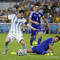 Argentínsky útočník Lionel Messi (vľavo), Emir Spahič (č.4 Bosna a Hercegovina) a Sead Kolašinac (na zemi, Bosna a Hercegovina) počas zápasu skupiny F Argentína - Bosna Hercegovina (2:1) na štadióne Maracaná v Rio de Janeiro. Rio de Janeiro, 15. jún 2014.