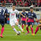 Erik Jendrišek z FC Spartak Trnava (druhý zľava) statočne bojoval s obrancami FC Zürich. Zľava: Marco Schönbächler, Avi Rikan a a Berat Djimsiti v zápase play-off Európskej ligy 2014/2015 Spartak Trnava - FC Zürich (1:3). Zlaté Moravce, 21. augusta 2014.