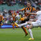 Trenčan František Kubík (vpravo) a hráč hostí James Chester v prvom zápase 3. predkola Európskej ligy UEFA AS Trenčín - FC Hull City  (0:0). Žilina, 31. júla 2014.