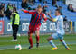 Zľava: Jan Kalabiška (FK Senica) a Igor Žofčák (Slovan Bratislava) v zápase 13. kola futbalovej Corgoň ligy medzi FK Senica - ŠK Slovan Bratislava (0:2). Senica, 4. október 2013.