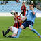 Martin Tóth z Trnavy (vľavo) a vpravo Matúš Mikuš z Nitry  v predohrávanom zápase 31. kola futbalovej Corgoň ligy FC Nitra - FC Spartak (3:0) Nitra, 16. mája 2014.