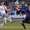 Trenčan Matúš Bero (vľavo) v súboji s brankárom Myjavy Lukášom Urminským v zápase 30. kola Fortuna ligy AS Trenčín - Spartak Myjava (3:1). Trenčín, 16. mája 2015.