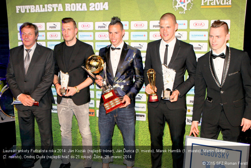 Laureáti ankety Futbalista roka 2014: Ján Kozák (najlepší tréner), Ján Ďurica (3. miesto), Marek Hamšík (1. miesto), Martin Škrtel (2. miesto), Ondrej Duda (najlepší hráč do 21 rokov). Žilina, 28. marec 2014