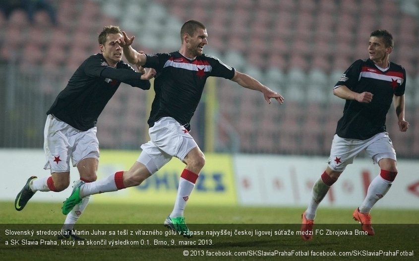 Slovenský stredopoliar Martin Juhar sa teší z víťazného gólu v zápase najvyššej českej ligovej súťaže medzi FC Zbrojovka Brno a SK Slavia Praha, ktorý sa skončil výsledkom 0:1. Brno, 9. marec 2013.