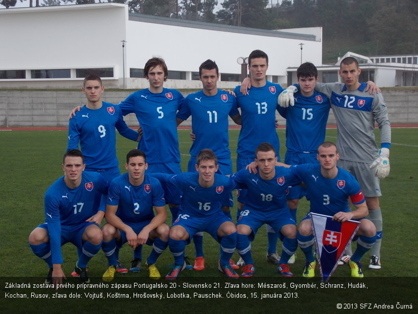 Základná zostava prvého prípravného zápasu Portugalsko 20 - Slovensko 21. Zľava hore: Mészaroš, Gyombér, Schranz, Hudák, Kochan, Rusov, zľava dole: Vojtuš, Koštrna, Hrošovský, Lobotka, Pauschek. Óbidos, 15. januára 2013.