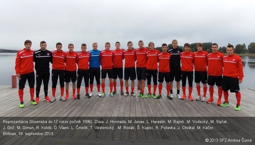 Reprezentácia Slovenska do 17 rokov (ročník 1996). Zľava: J. Hromada, M. Junas, L. Haraslín, M. Rajník, M. Vodecký, M. Sipľak, J. Grič, M. Dimun, R. Kotrík, D. Vavro, L. Čmelík, T. Vestenický,  M. Rodák, Š. Kupec, R. Polievka, J. Chvátal, M. Káčer. Böllnas, 19. september 2013.