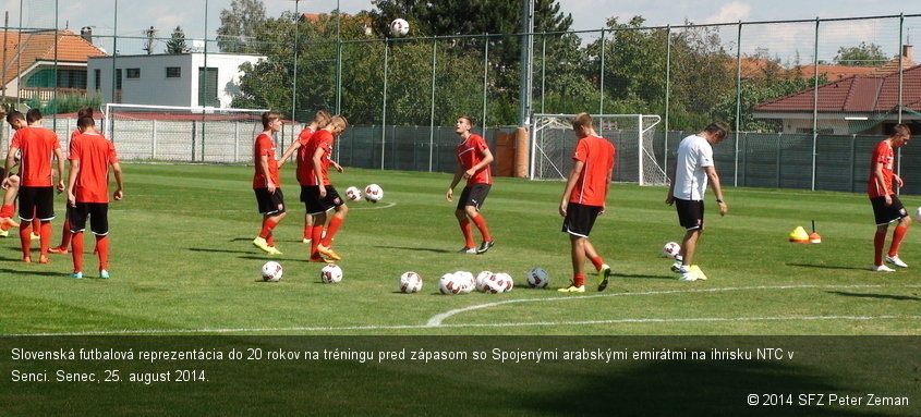 Slovenská futbalová reprezentácia do 20 rokov na tréningu pred zápasom so Spojenými arabskými emirátmi na ihrisku NTC v Senci. Senec, 25. august 2014.