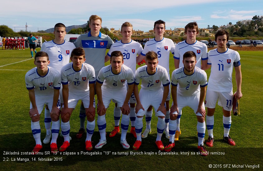 Základná zostava tímu SR "19" v zápase s Portugalsko "19" na turnaji štyroch krajín v Španielsku, ktorý sa skončil remízou 2:2. La Manga, 14. februáar 2015