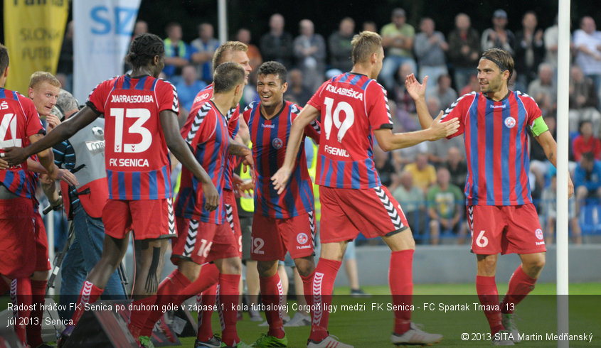 Radosť hráčov FK Senica po druhom góle v zápase 1. kola futbalovej Corgoň ligy medzi  FK Senica - FC Spartak Trnava. 13. júl 2013, Senica.