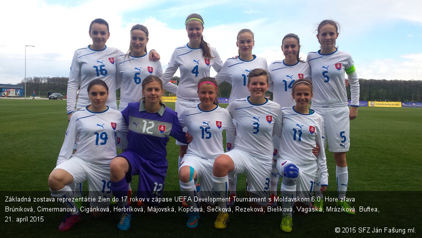 Základná zostava reprezentácie žien do 17 rokov v zápase UEFA Development Tournament s Moldavskom 6:0. Hore zľava Brúniková, Cimermanová, Cigánková, Herbríková, Májovská, Kopčová, Sečková, Rezeková, Bieliková, Vagaská, Mráziková. Buftea, 21. apríl 2015