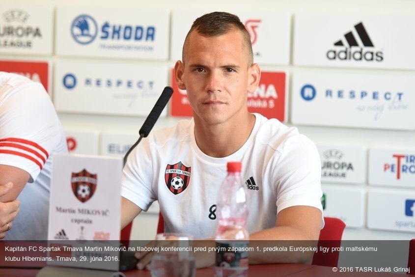 Kapitán FC Spartak Trnava Martin Mikovič na tlačovej konferencii pred prvým zápasom 1. predkola Európskej ligy proti maltskému klubu Hibernians. Trnava, 29. júna 2016.