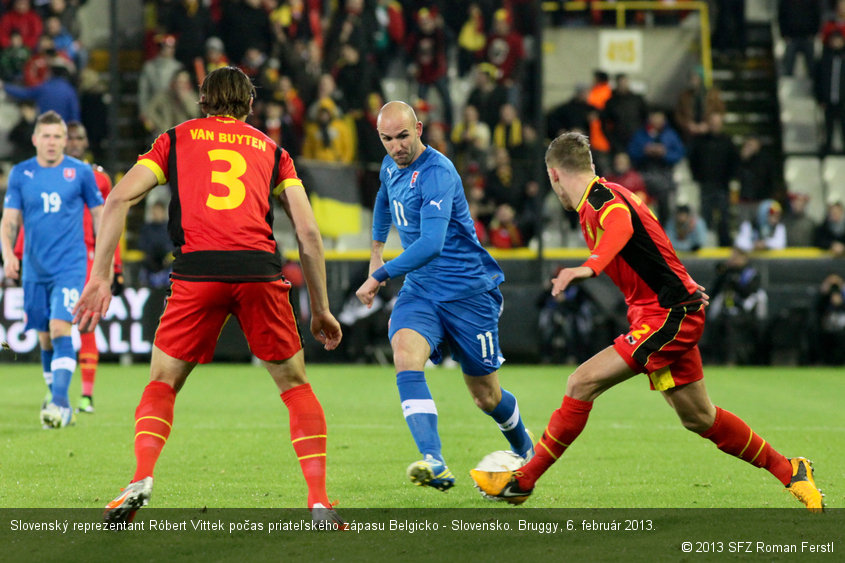 Slovenský reprezentant Róbert Vittek počas priateľského zápasu Belgicko - Slovensko. Bruggy, 6. február 2013.