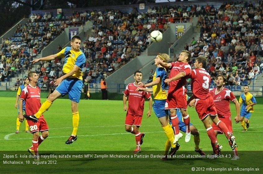 Zápas 5. kola druhej najvyššej súťaže medzi MFK Zemplín Michalovce a Partizán Bardejov sa skončil víťazstvom domácich 4:3. Michalovce, 18. augusta 2012.