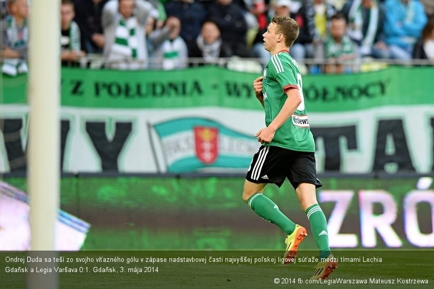 Ondrej Duda sa teší zo svojho víťazného gólu v zápase nadstavbovej časti najvyššej poľskej ligovej súťaže medzi tímami Lechia Gdaňsk a Legia Varšava 0:1. Gdaňsk, 3. mája 2014