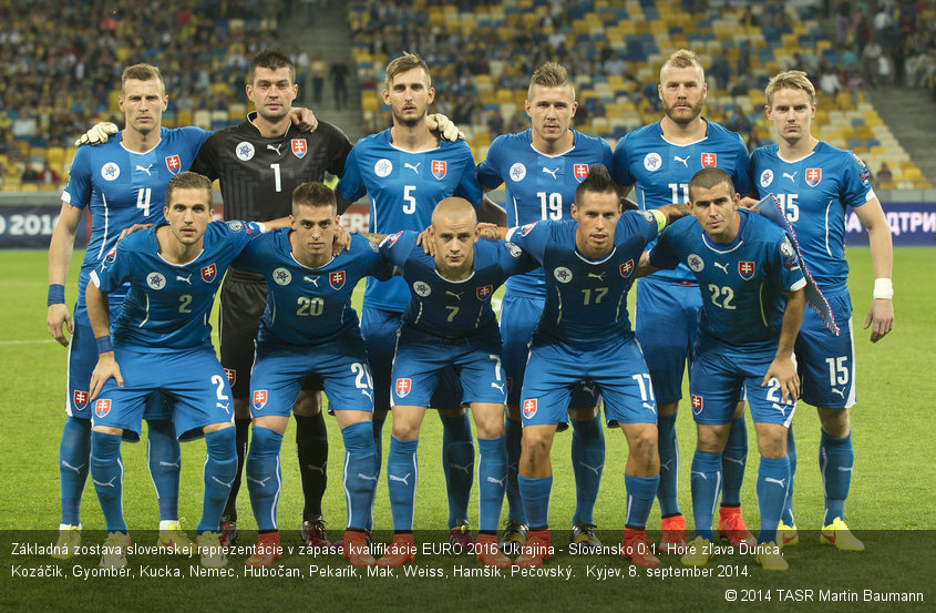 Základná zostava slovenskej reprezentácie v zápase kvalifikácie EURO 2016 Ukrajina - Slovensko 0:1. Hore zľava Ďurica, Kozáčik, Gyombér, Kucka, Nemec, Hubočan, Pekarík, Mak, Weiss, Hamšík, Pečovský.  Kyjev, 8. september 2014.