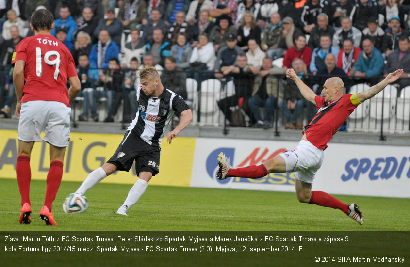 Zĺava: Martin Tóth z FC Spartak Trnava, Peter Sládek zo Spartak Myjava a Marek Janečka z FC Spartak Trnava v zápase 9. kola Fortuna ligy 2014/15 medzi Spartak Myjava - FC Spartak Trnava (2:0). Myjava, 12. september 2014. F