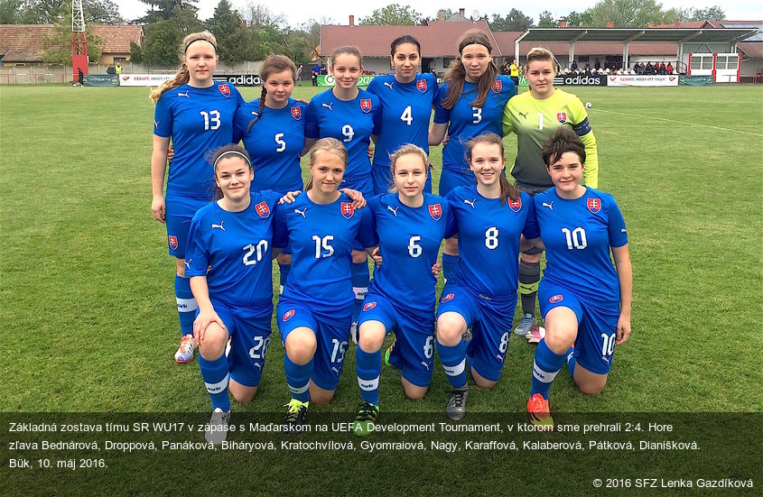 Základná zostava tímu SR WU17 v zápase s Maďarskom na UEFA Development Tournament, v ktorom sme prehrali 2:4. Hore zľava Bednárová, Droppová, Panáková, Biháryová, Kratochvílová, Gyomraiová, Nagy, Karaffová, Kalaberová, Pátková, Dianišková. Bük, 10. máj 2016.