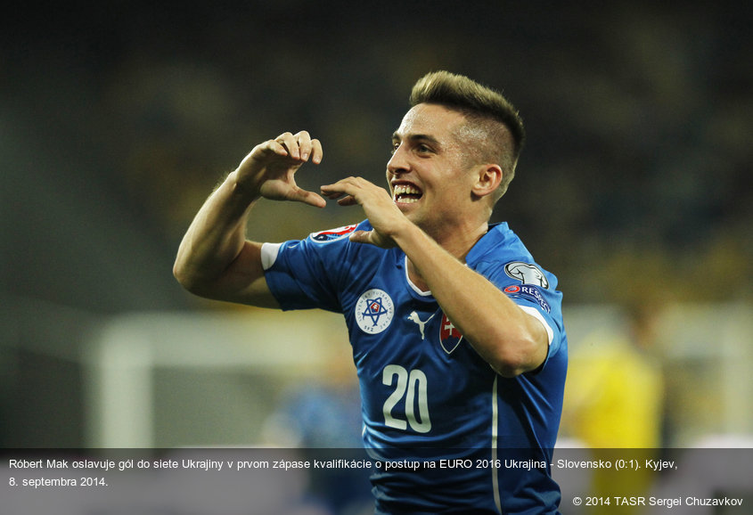 Róbert Mak oslavuje gól do siete Ukrajiny v prvom zápase kvalifikácie o postup na EURO 2016 Ukrajina - Slovensko (0:1). Kyjev, 8. septembra 2014.