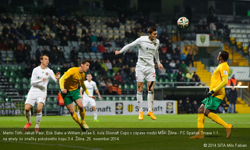 Martin Tóth, Jakub Paur, Erik Sabo a William počas 5. kola Slovnaft Cupu v zápase medzi MŠK Žilina - FC Spartak Trnava 1:1, na strely zo značky pokutového kopu 3:4. Žilina, 25. november 2014.