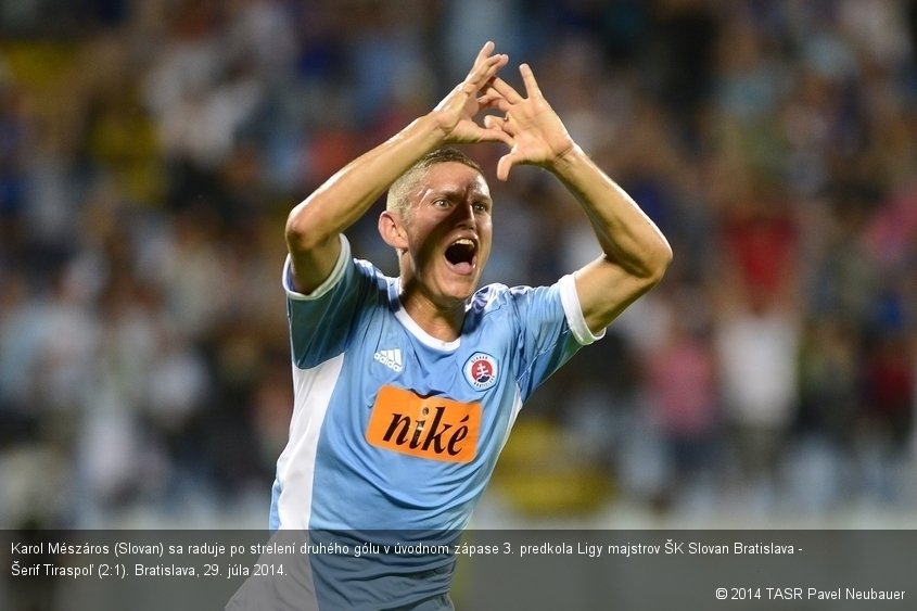 Karol Mészáros (Slovan) sa raduje po strelení druhého gólu v úvodnom zápase 3. predkola Ligy majstrov ŠK Slovan Bratislava - Šerif Tiraspoľ (2:1). Bratislava, 29. júla 2014.