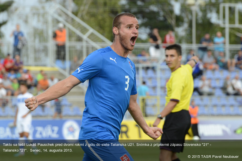 Takto sa tešil Lukáš Pauschek pred dvomi rokmi z gólu do siete Talianska U21. Snímka z prípravné zápasu Slovensko "21" - Taliansko "21".  Senec, 14. augusta 2013.