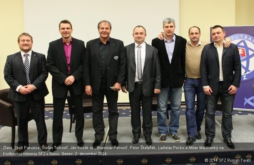 Zľava: Zsolt Pakusza, Štefan Tarkovič, Ján Kozák st., Branislav Petrovič, Peter Štefaňák, Ladislav Pecko a Milan Malatisnký na Konferencii trénerov SFZ v Senci. Senec, 2. december 2014.