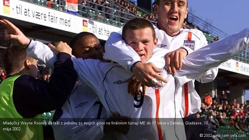 Mladučký Wayne Rooney sa teší z jedného zo svojich gólov na finálovom turnaji ME do 17 rokov v Dánsku. Gladsaxe, 10. mája 2002.