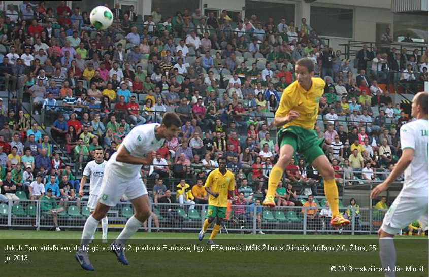 Jakub Paur strieľa svoj druhý gól v odvete 2. predkola Európskej ligy UEFA medzi MŠK Žilina a Olimpija Ľubľana 2:0. Žilina, 25. júl 2013.