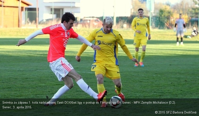 Snímka zo zápasu 1. kola nadstavbovej časti DOXXbet ligy o postup do Fortuna ligy ŠK Senec - MFK Zemplín Michalovce (0:2). Senec, 3. apríla 2015.