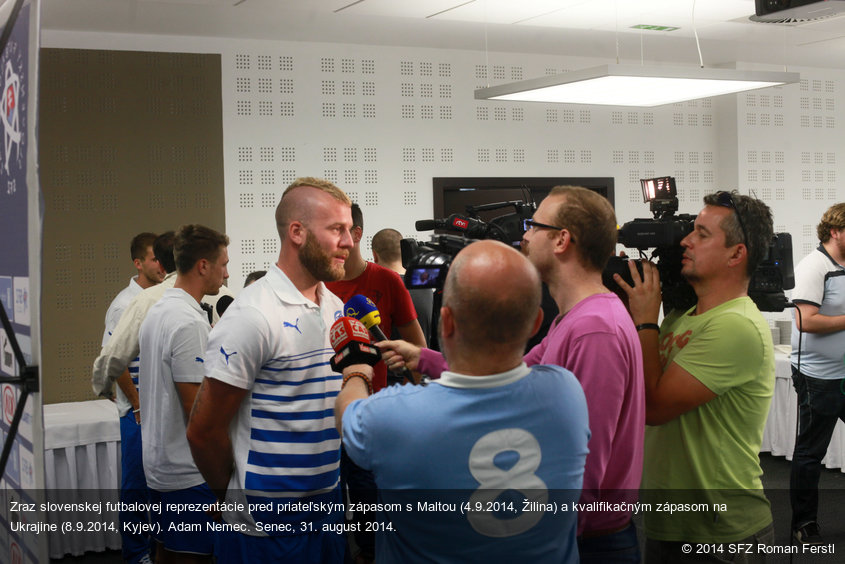 Zraz slovenskej futbalovej reprezentácie pred priateľským zápasom s Maltou (4.9.2014, Žilina) a kvalifikačným zápasom na Ukrajine (8.9.2014, Kyjev). Adam Nemec. Senec, 31. august 2014.