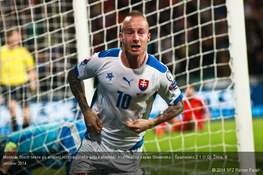 Miroslav Stoch tesne po strelení rozhodujúceho gólu v stretnutí. Kvalifikačný zápas Slovensko - Španielsko 2:1 (1:0). Žilina, 9. október 2014.