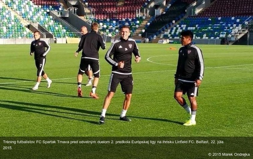 Tréning futbalistov FC Spartak Trnava pred odvetným duelom 2. predkola Európskej ligy na ihrisku Linfield FC. Belfast, 22. júla 2015.