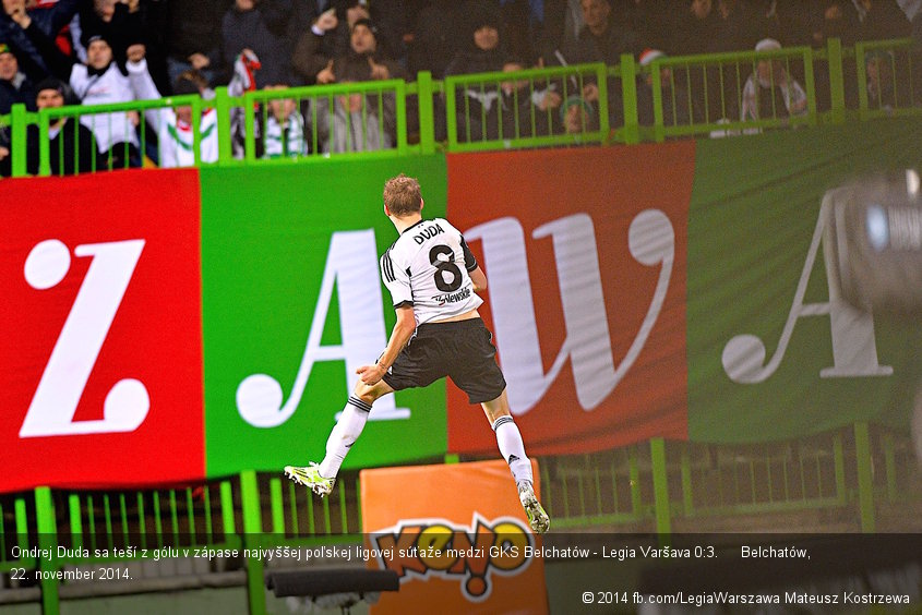 Ondrej Duda sa teší z gólu v zápase najvyššej poľskej ligovej súťaže medzi GKS Belchatów - Legia Varšava 0:3.     Belchatów, 22. november 2014.