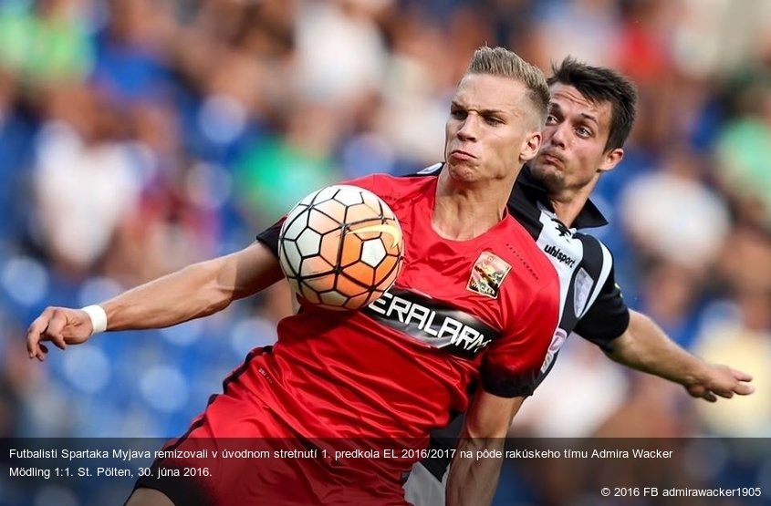 Futbalisti Spartaka Myjava remizovali v úvodnom stretnutí 1. predkola EL 2016/2017 na pôde rakúskeho tímu Admira Wacker Mödling 1:1. St. Pölten, 30. júna 2016.