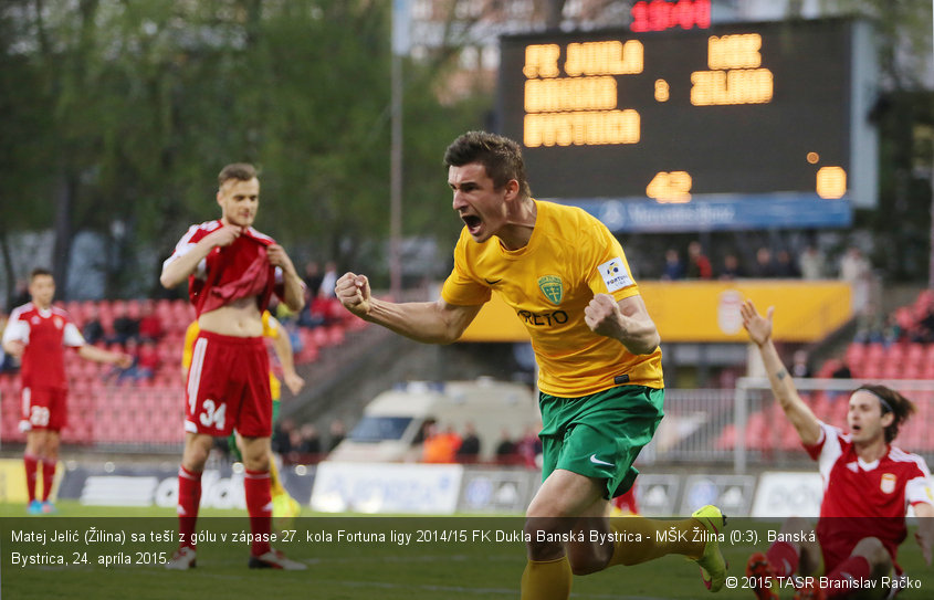 Matej Jelić (Žilina) sa teší z gólu v zápase 27. kola Fortuna ligy 2014/15 FK Dukla Banská Bystrica - MŠK Žilina (0:3). Banská Bystrica, 24. apríla 2015.