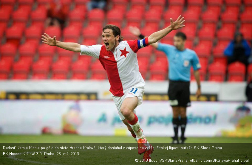 Radosť Karola Kisela po góle do siete Hradca Králové, ktorý dosiahol v zápase najvyššej českej ligovej súťaže SK Slavia Praha - FK Hradec Králové 3:0. Praha, 26. máj 2013.