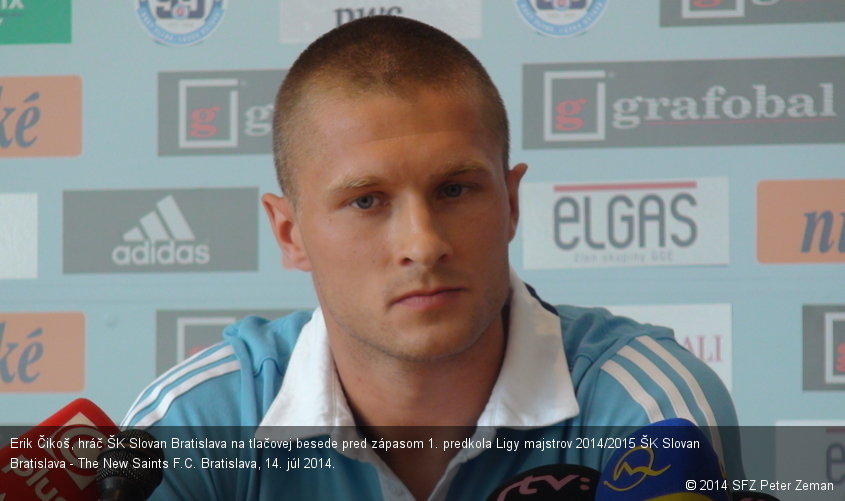 Erik Čikoš, hráč ŠK Slovan Bratislava na tlačovej besede pred zápasom 1. predkola Ligy majstrov 2014/2015 ŠK Slovan Bratislava - The New Saints F.C. Bratislava, 14. júl 2014.