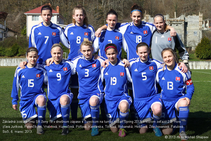 Základná zostava tímu SR ženy 19 v dnešnom zápase s Tureckom na turnaji Kuban Spring 2013, v ktorom zvíťazil 2:0. Hore zľava Juríková, Palenčíková, Vrabcová, Kujovičová, Póňová, Kantárska, Tóthová, Rybanská, Hviščová, Zdechovanová, Fatulová. Soči, 6. marec 2013.