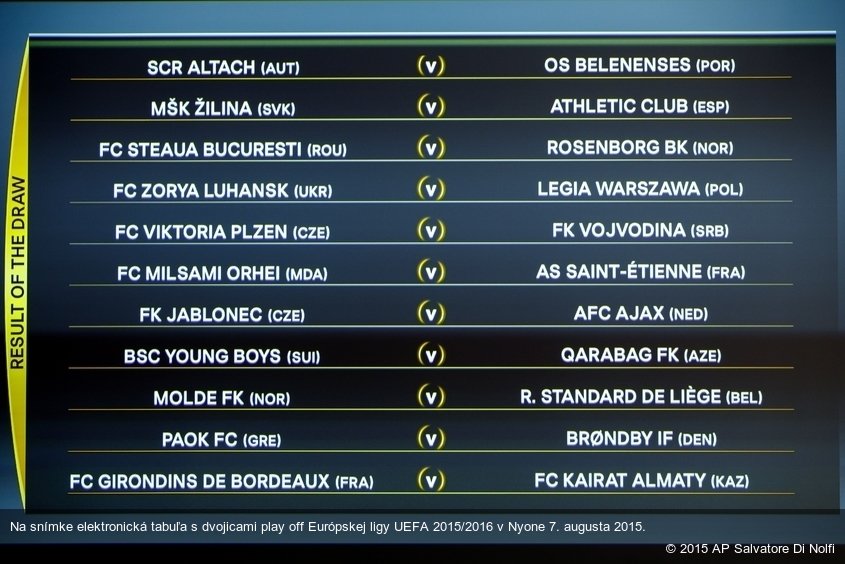 Na snímke elektronická tabuľa s dvojicami play off Európskej ligy UEFA 2015/2016 v Nyone 7. augusta 2015.