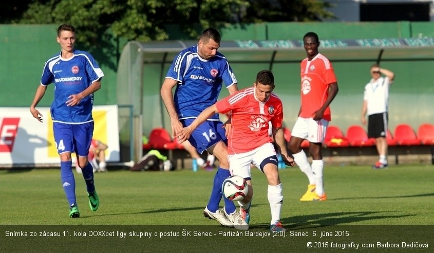 Snímka zo zápasu 11. kola DOXXbet ligy skupiny o postup ŠK Senec - Partizán Bardejov (2:0). Senec, 6. júna 2015.