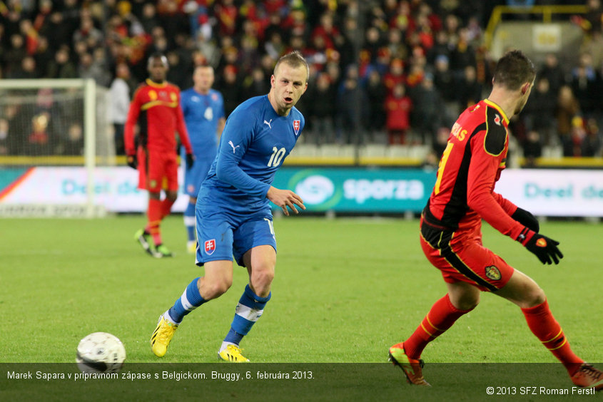 Marek Sapara v prípravnom zápase s Belgickom. Bruggy, 6. februára 2013.