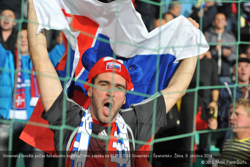 Slovenský fanúšik počas futbalového kvalifikačného zápasu na EURO 2016 Slovensko - Španielsko. Žilina, 9. októbra 2014.