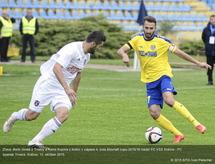 Zľava: Boris Godál z Trnavy a Kamil Kuzma z Košíc v zápase 4. kola Slovnaft cupu 2015/16 medzi FC VSS Košice - FC Spartak Trnava. Košice, 13. október 2015.