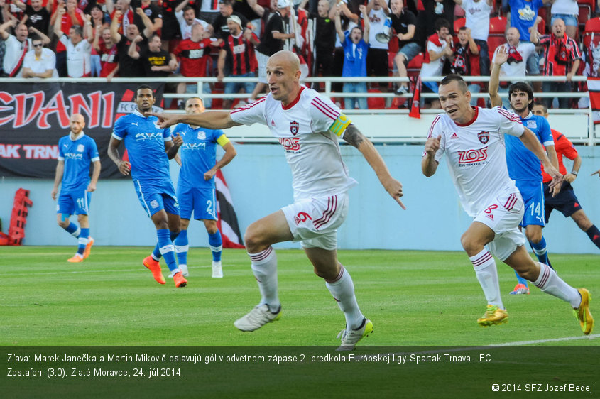 Zľava: Marek Janečka a Martin Mikovič oslavujú gól v odvetnom zápase 2. predkola Európskej ligy Spartak Trnava - FC Zestafoni (3:0). Zlaté Moravce, 24. júl 2014.