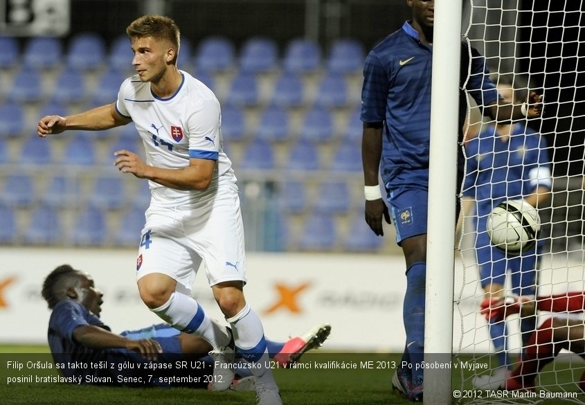 Filip Oršula sa takto tešil z gólu v zápase SR U21 - Francúzsko U21 v rámci kvalifikácie ME 2013. Po pôsobení v Myjave posinil bratislavský Slovan. Senec, 7. september 2012.