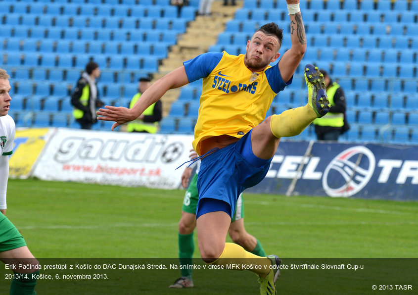 Erik Pačinda prestúpil z Košíc do DAC Dunajská Streda. Na snímke v drese MFK Košice v odvete štvrťfinále Slovnaft Cup-u 2013/14. Košice, 6. novembra 2013.