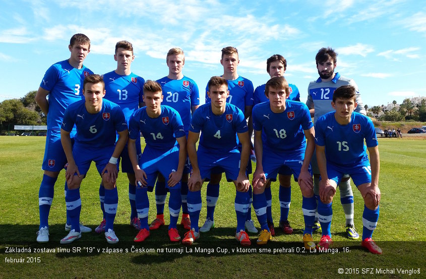 Základná zostava tímu SR "19" v zápase s Českom na turnaji La Manga Cup, v ktorom sme prehrali 0:2. La Manga, 16. február 2015